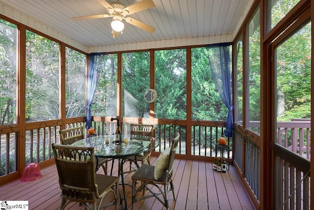 sunroom / solarium featuring wooden ceiling, ceiling fan, and a wealth of natural light