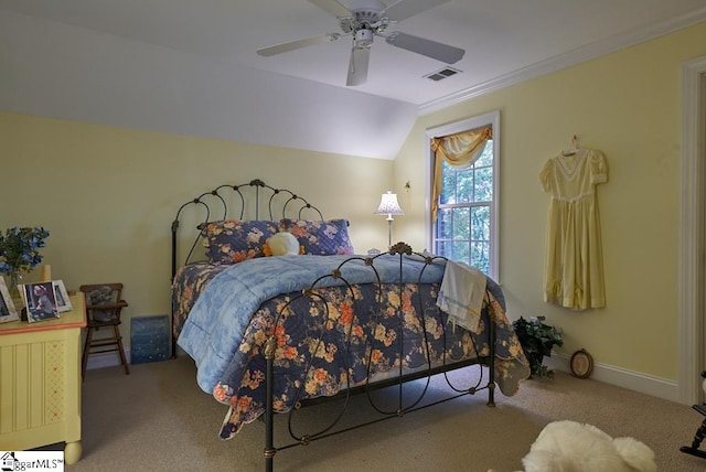 carpeted bedroom featuring ceiling fan and lofted ceiling