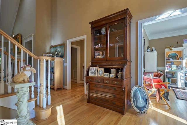 interior space featuring light hardwood / wood-style floors and crown molding