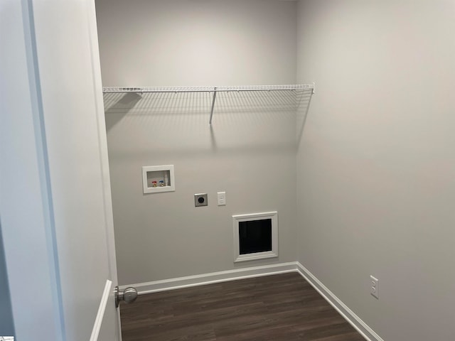 washroom with baseboards, laundry area, electric dryer hookup, washer hookup, and dark wood-type flooring