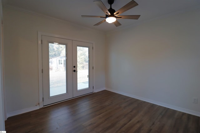 unfurnished room with crown molding, dark hardwood / wood-style floors, ceiling fan, and french doors