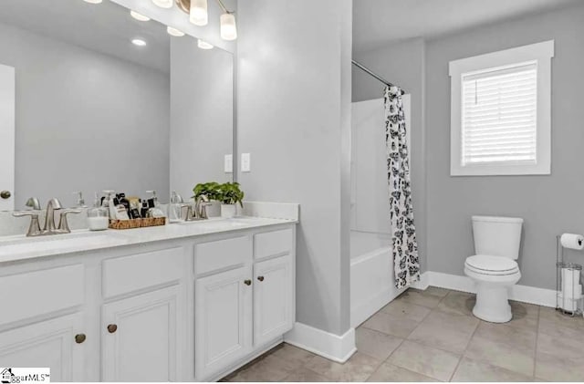 full bathroom featuring tile patterned flooring, vanity, shower / bath combination with curtain, and toilet