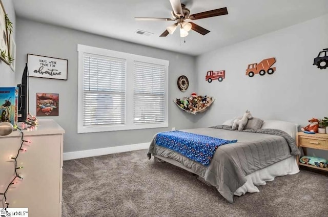 bedroom featuring carpet floors and ceiling fan