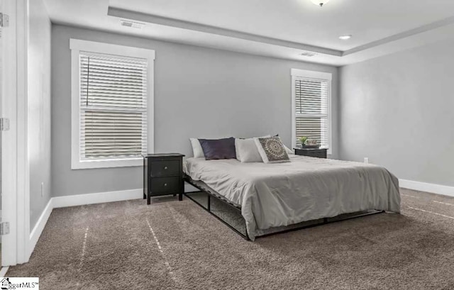 carpeted bedroom with a tray ceiling