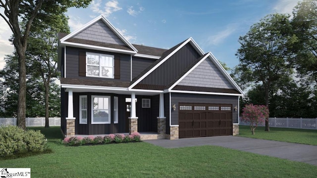 737 Ratchford Ln, Wellford, SC 29385 - craftsman inspired home with stone siding, an attached garage, a front lawn, and fence