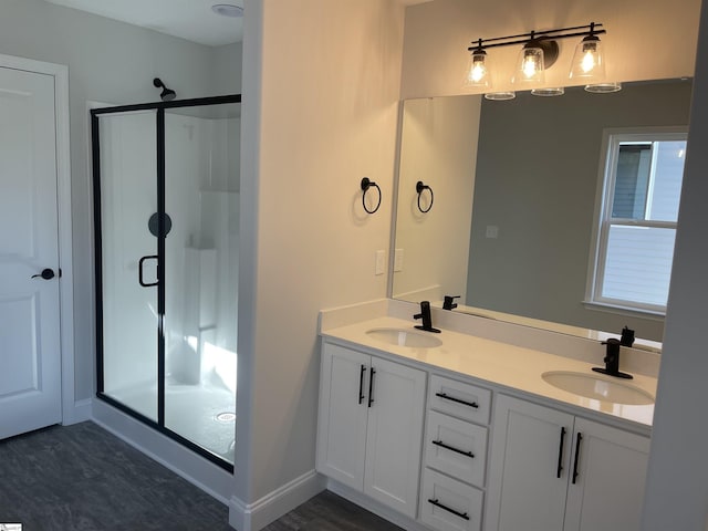 bathroom featuring vanity and a shower with shower door