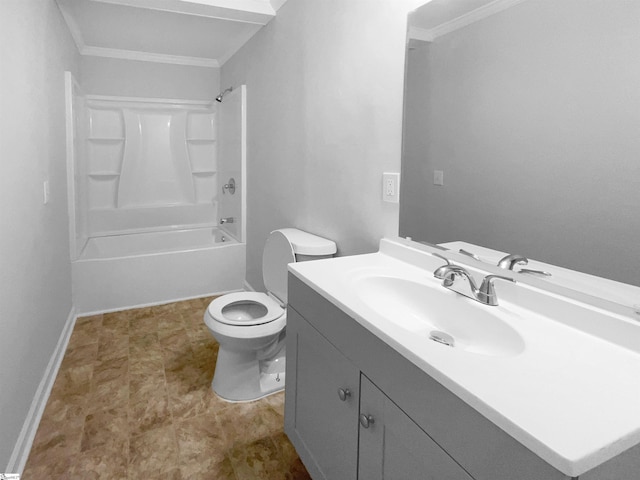 full bathroom featuring washtub / shower combination, crown molding, vanity, and toilet