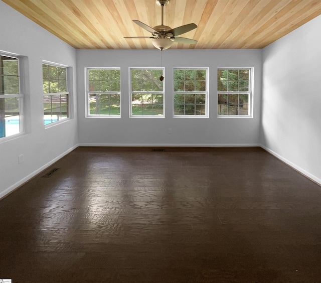 interior space featuring a wealth of natural light, ceiling fan, and wooden ceiling