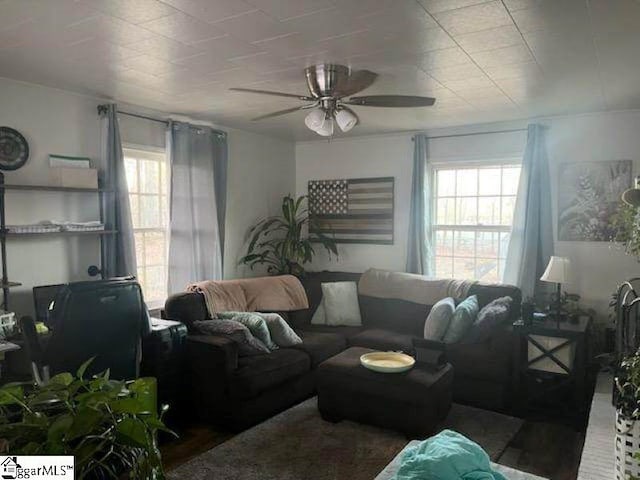 living room with ceiling fan and a healthy amount of sunlight