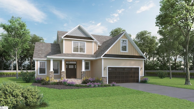 craftsman house featuring covered porch, board and batten siding, a front yard, stone siding, and driveway