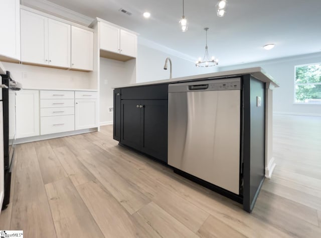 kitchen with white cabinets, crown molding, stainless steel dishwasher, light wood-type flooring, and decorative light fixtures