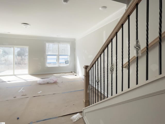 stairway featuring ornamental molding