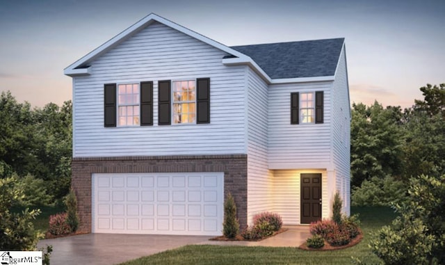 view of front of property with a garage, driveway, and brick siding