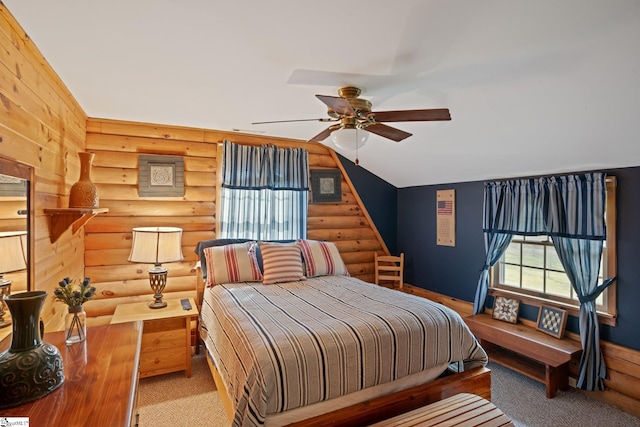 728 Tall Oak Trl, Seneca, SC 29678 - bedroom with ceiling fan, carpet flooring, log walls, and vaulted ceiling