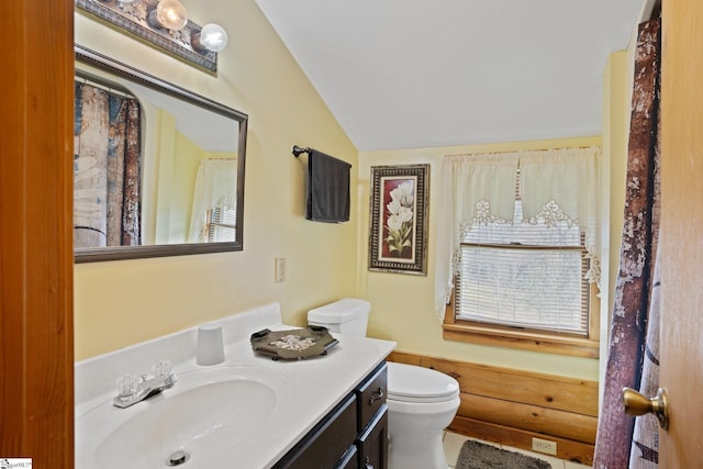 728 Tall Oak Trl, Seneca, SC 29678 - bathroom featuring toilet, vaulted ceiling, and vanity with extensive cabinet space