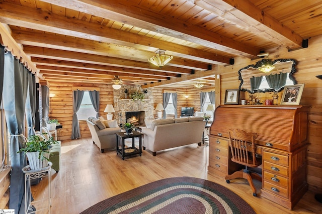 728 Tall Oak Trl, Seneca, SC 29678 - living room with log walls, a stone fireplace, light wood-type flooring, and beamed ceiling