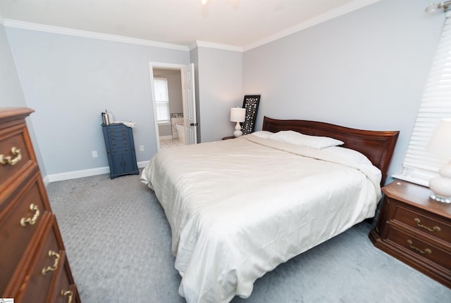 bedroom featuring light carpet, ensuite bath, and ornamental molding