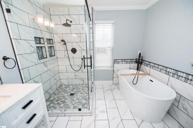 bathroom with tile flooring, tile walls, vanity, separate shower and tub, and ornamental molding