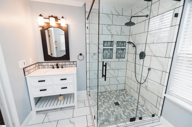 bathroom featuring an enclosed shower, tile floors, large vanity, and tasteful backsplash