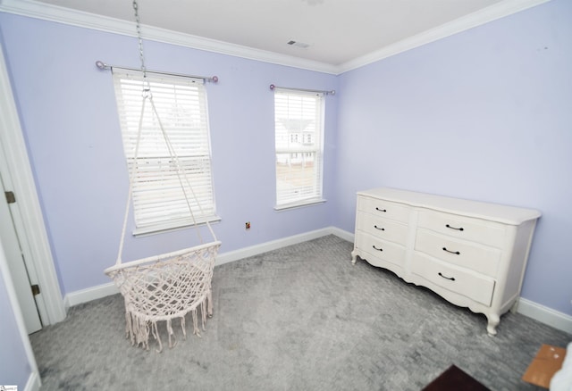 interior space featuring crown molding and light carpet