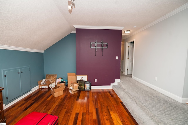 interior space featuring dark hardwood / wood-style flooring, lofted ceiling, and a textured ceiling