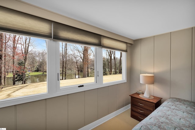 bedroom featuring light colored carpet and multiple windows