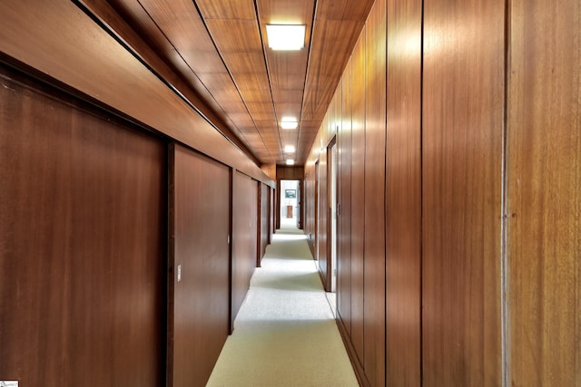 hall featuring wooden ceiling, wood walls, and light colored carpet