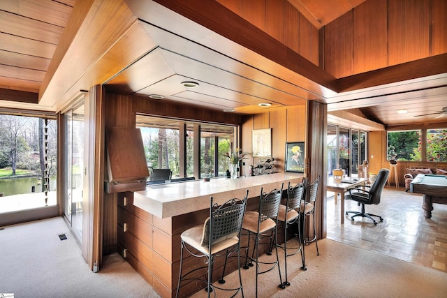 bar with ceiling fan, light carpet, wooden walls, and a healthy amount of sunlight