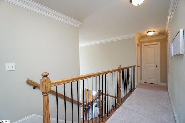 hall featuring crown molding and light colored carpet