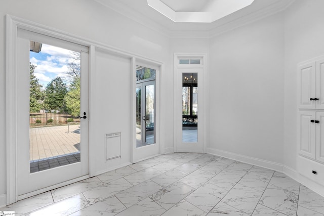 entryway featuring light tile flooring, crown molding, a wealth of natural light, and french doors