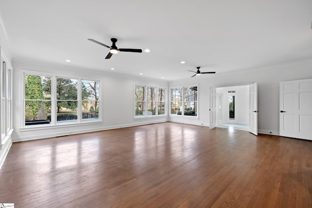 unfurnished living room with ornamental molding, dark hardwood / wood-style flooring, and ceiling fan