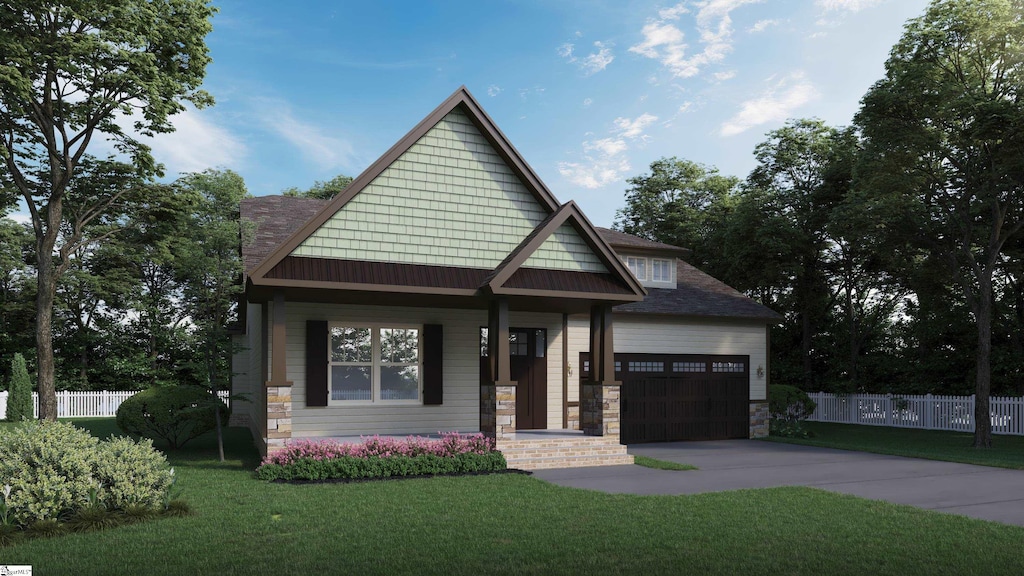 craftsman-style house with a porch, a garage, and a front yard