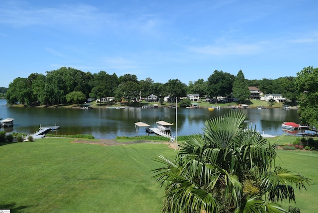 property view of water with a dock