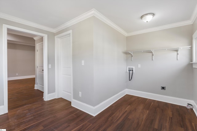 washroom featuring crown molding, washer hookup, hookup for an electric dryer, and dark wood-type flooring