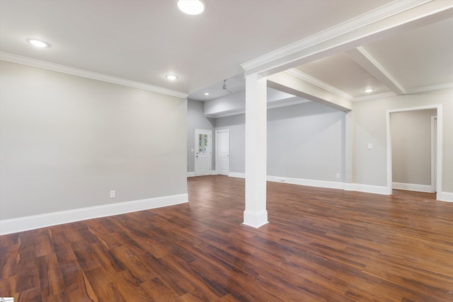 basement with crown molding and dark hardwood / wood-style flooring