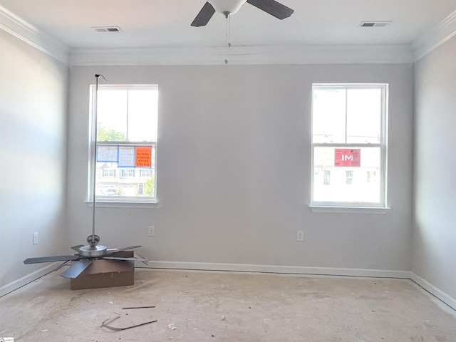 spare room with ornamental molding, ceiling fan, and plenty of natural light