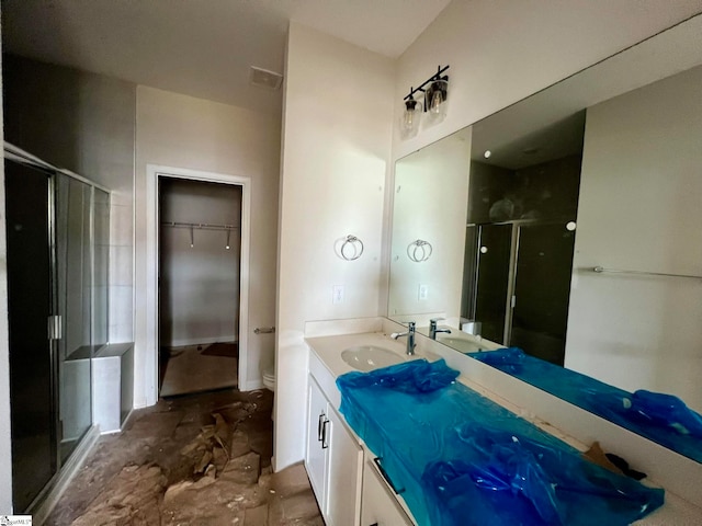 bathroom with vanity, an enclosed shower, and toilet