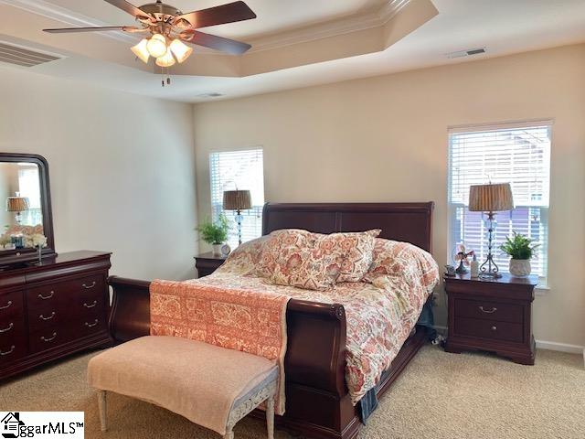 carpeted bedroom with a raised ceiling, ceiling fan, and multiple windows