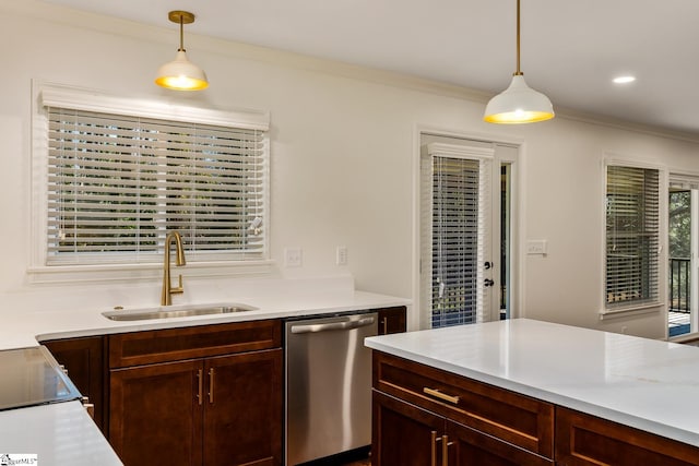 kitchen featuring stainless steel dishwasher, decorative light fixtures, ornamental molding, dark brown cabinets, and sink