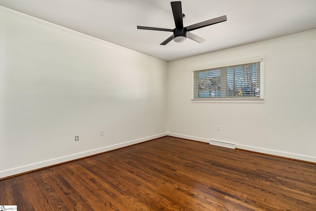 unfurnished room with dark wood-type flooring, crown molding, and ceiling fan