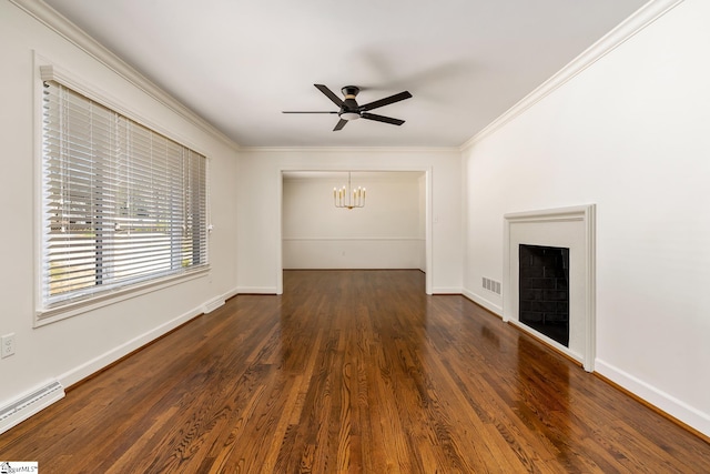 unfurnished living room featuring a baseboard heating unit, ceiling fan with notable chandelier, crown molding, and dark wood-type flooring