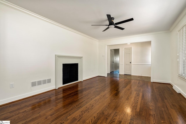 unfurnished living room featuring dark hardwood / wood-style floors, ornamental molding, and ceiling fan