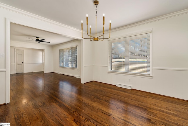 unfurnished room featuring a baseboard heating unit, crown molding, dark hardwood / wood-style floors, and ceiling fan with notable chandelier