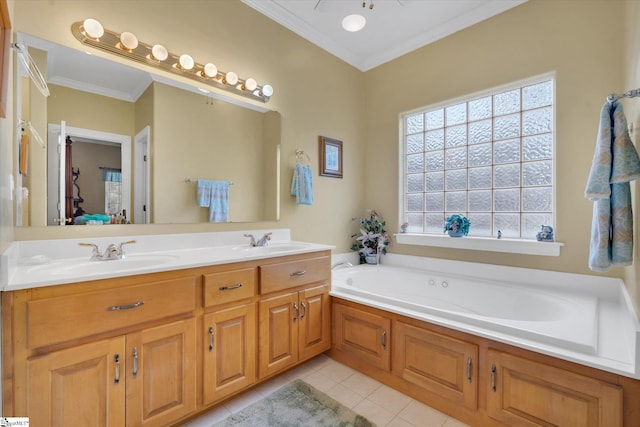 bathroom featuring ornamental molding, tile floors, a bathtub, and dual bowl vanity