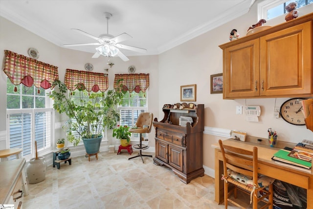 tiled office featuring ceiling fan and ornamental molding