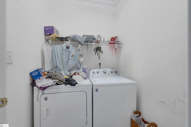 clothes washing area with ornamental molding and separate washer and dryer