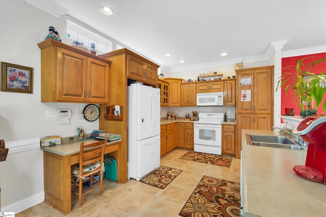 kitchen featuring ornamental molding, white appliances, light tile flooring, and sink