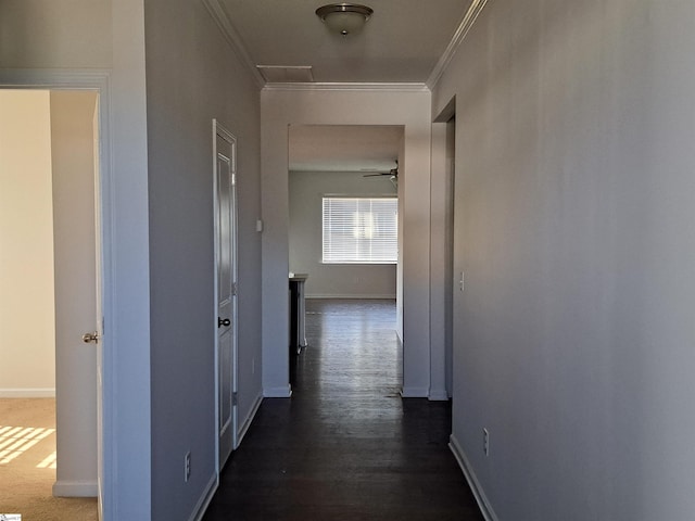 hallway with ornamental molding and dark hardwood / wood-style flooring