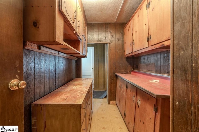 kitchen featuring butcher block counters and wooden walls