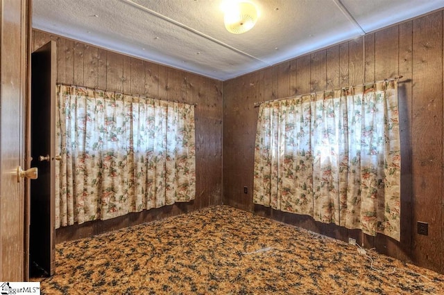 carpeted spare room featuring wood walls